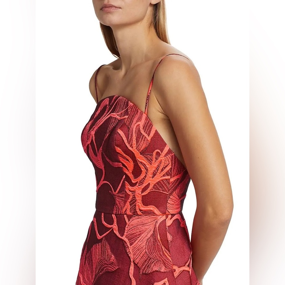 Amsale New Italian Fluorescent Floral Jacquard Gown In Coral Black Size 14 - Picture 4 of 16
